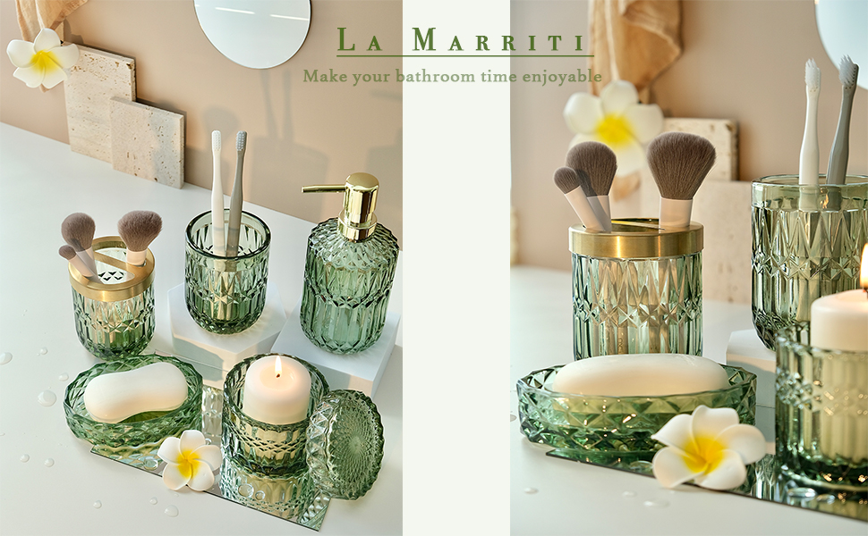 La Marriti, glass bathroom accessories set complete, green, soap dispenser, soap dish